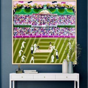 Pink Test 106x106 framed naive cricket scene