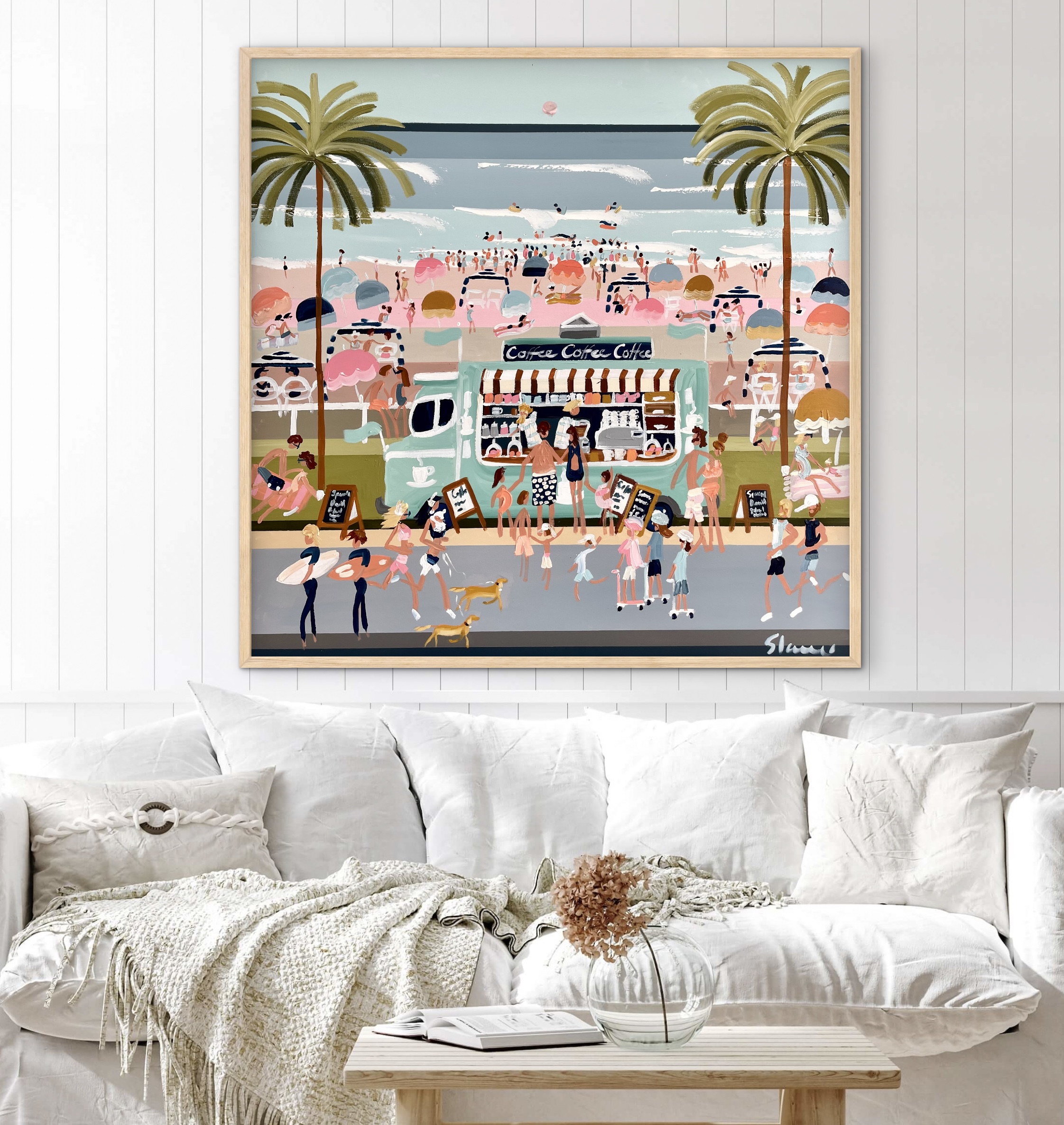 Beach Barista 106x106 framed beachscape - Sophie Lawrence Art %