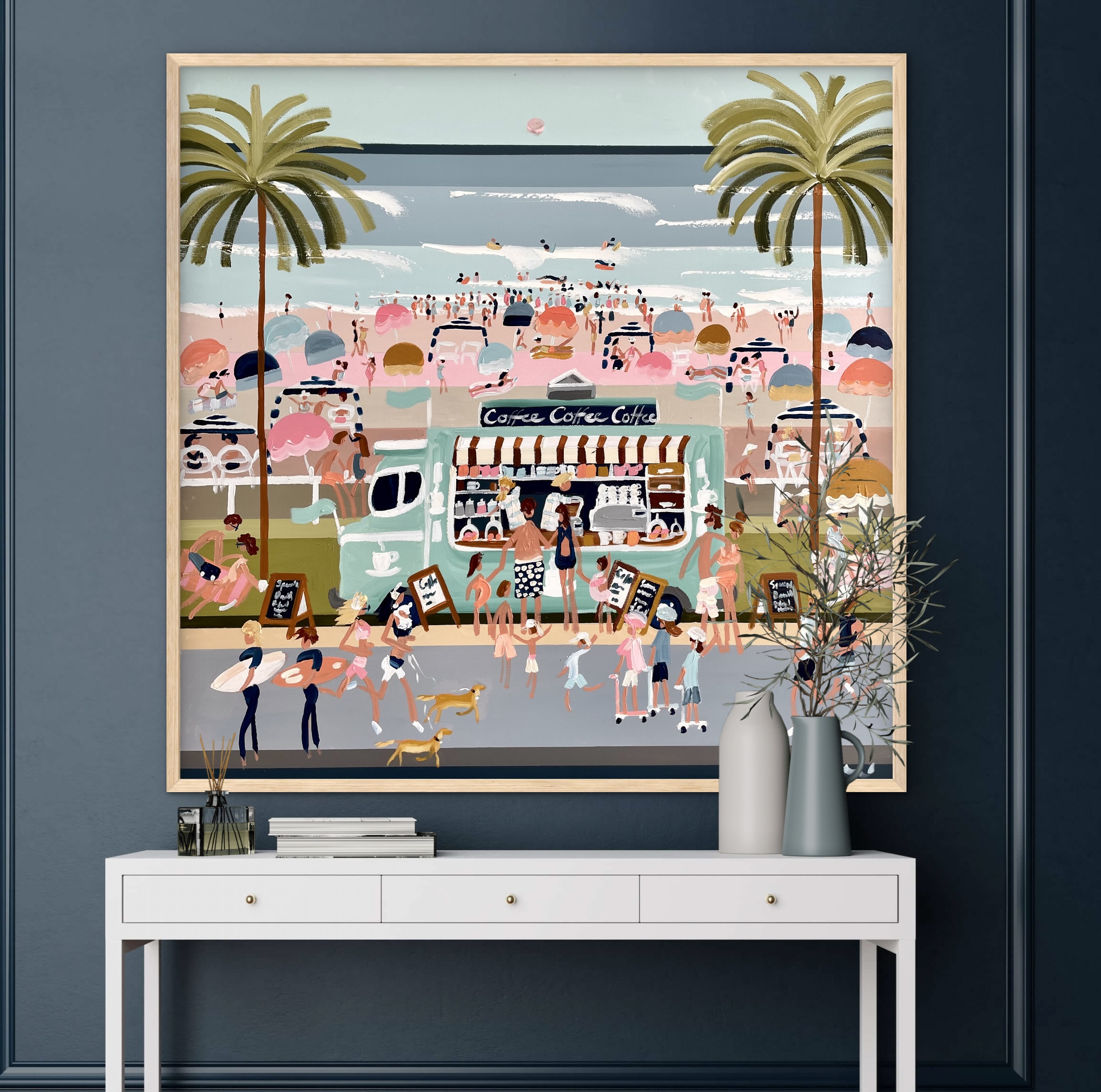 Beach Barista 106x106 framed beachscape - Sophie Lawrence Art %