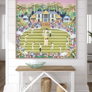 Out for a Duck 106x106 framed naive cricket scene