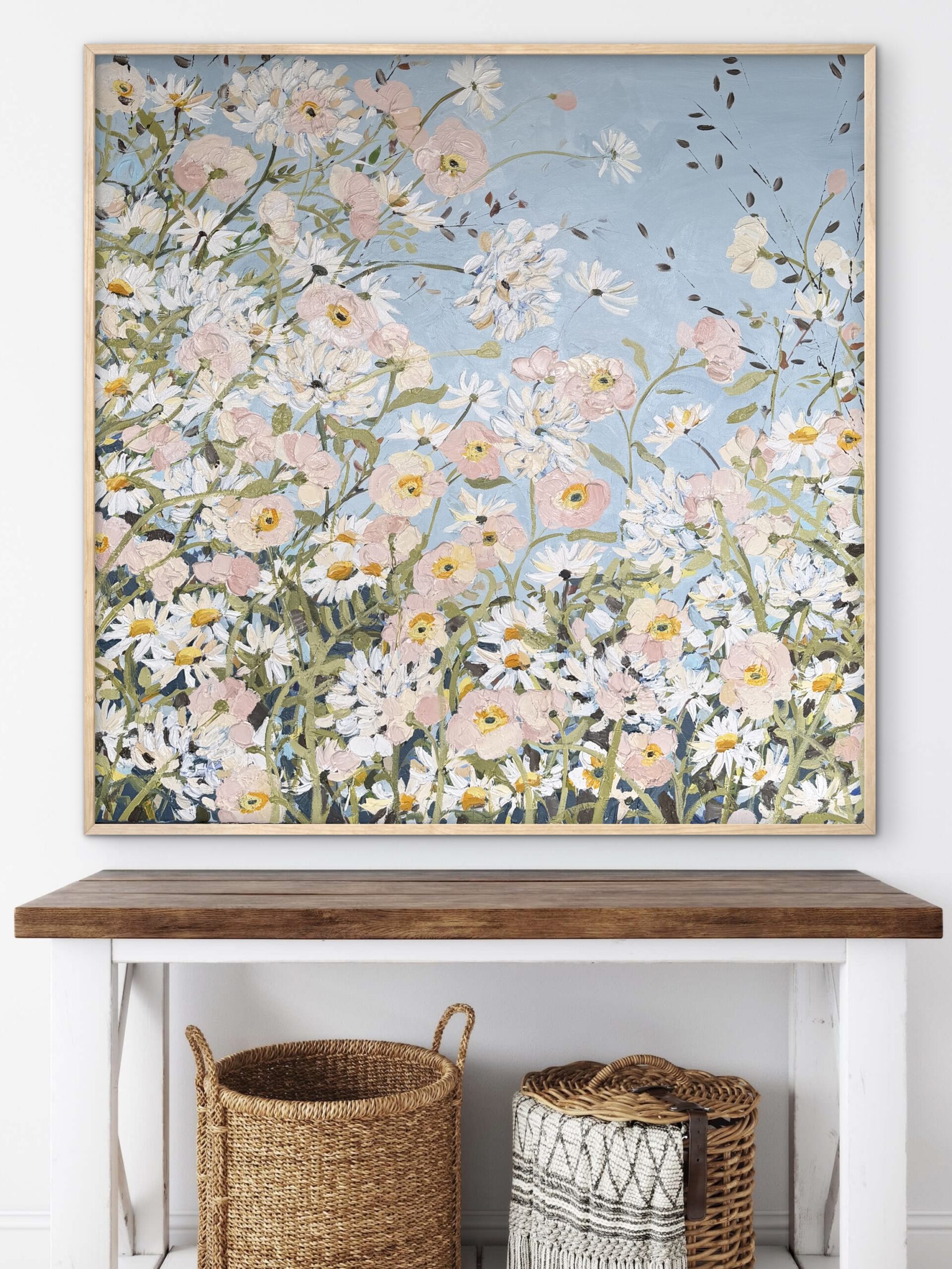 Poppies and Daisies 106x106 framed large textured abstract floral