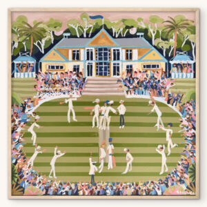 Caught Out 80x80 framed naive cricket scene