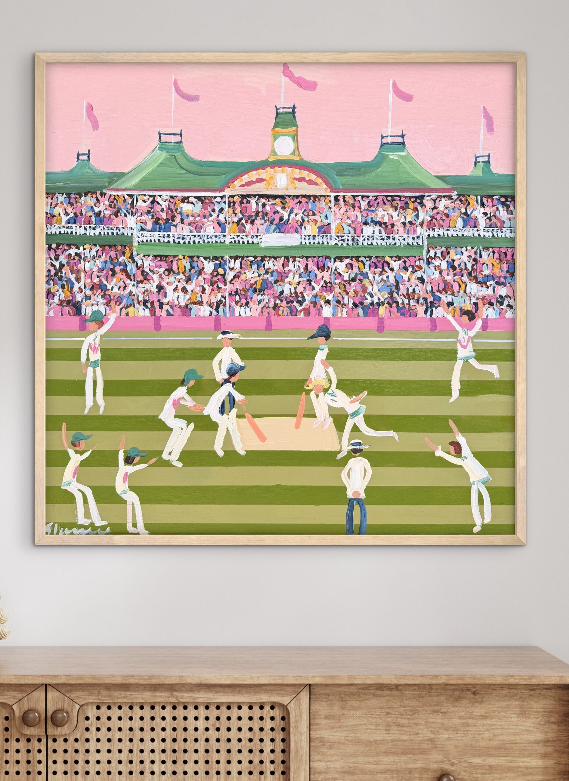 Pink Test 64x64 framed cricket scene - Image 6