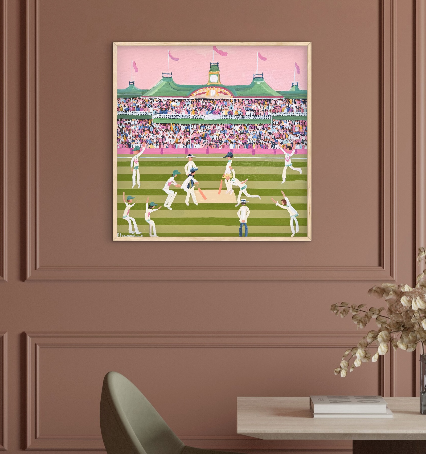 Pink Test 64x64 framed cricket scene - Image 5