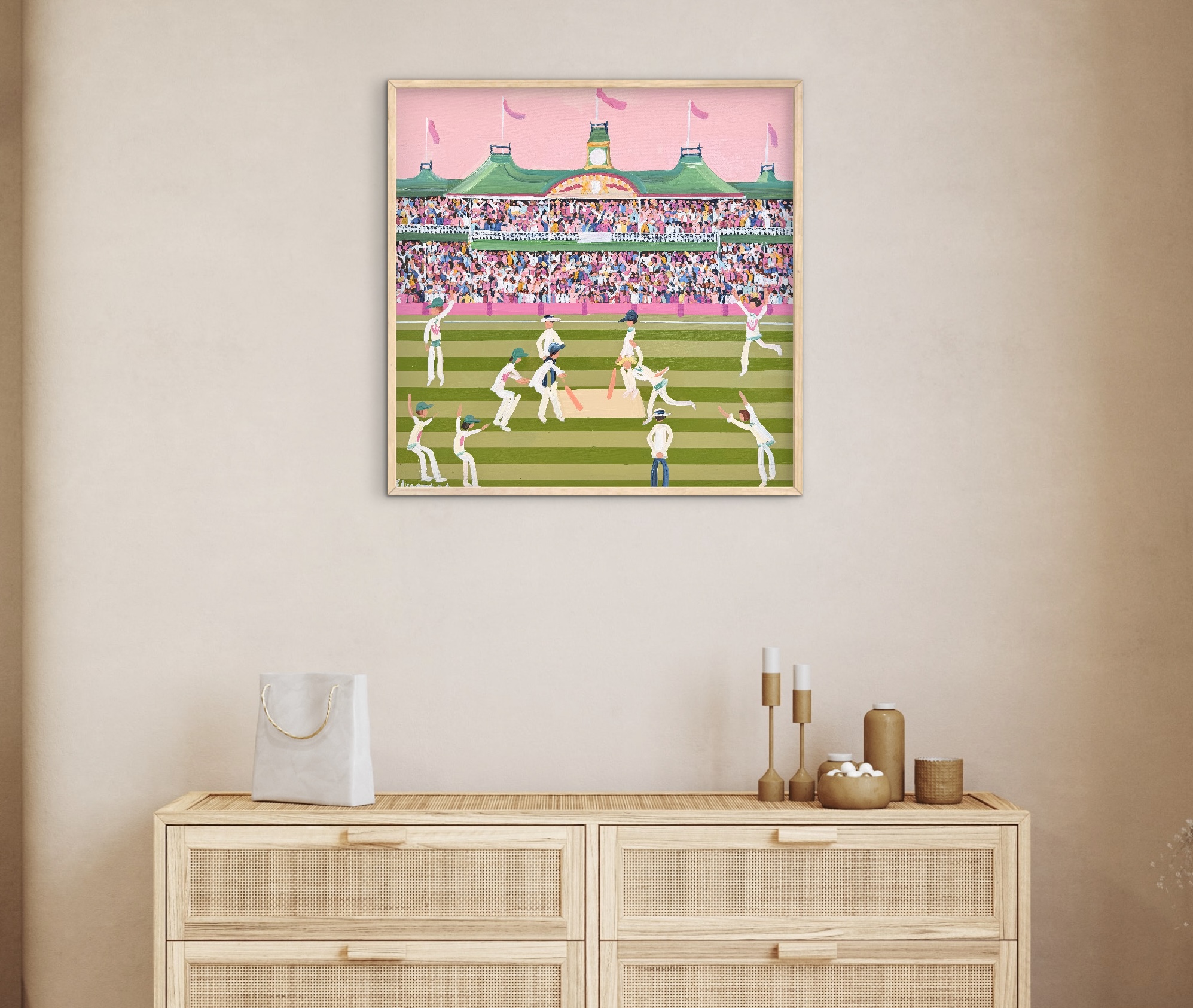 Pink Test 64x64 framed cricket scene - Image 4
