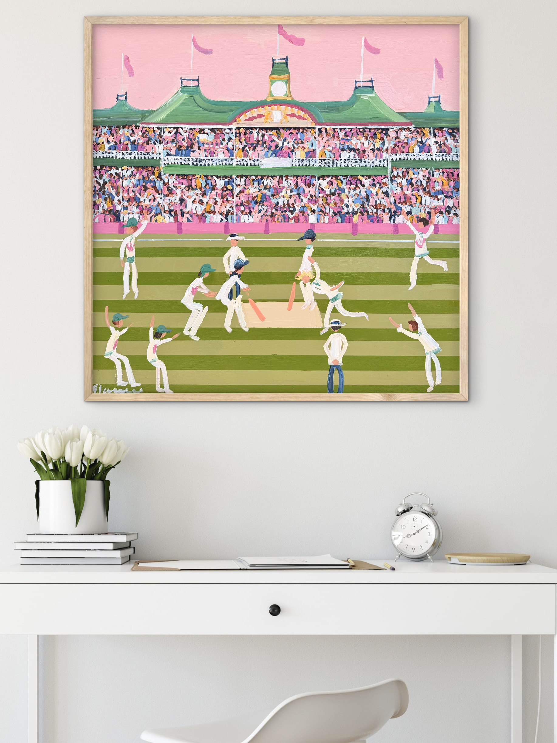 Pink Test 64x64 framed cricket scene - Image 3