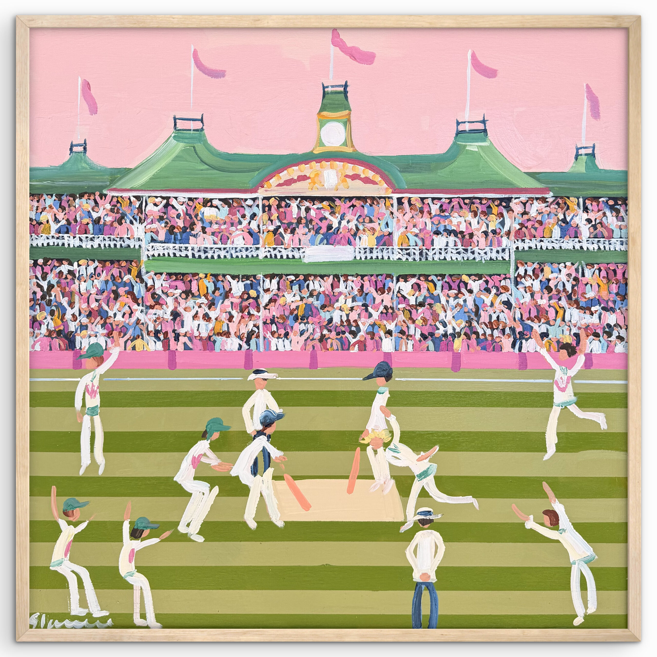 Pink Test 64x64 framed cricket scene - Image 2
