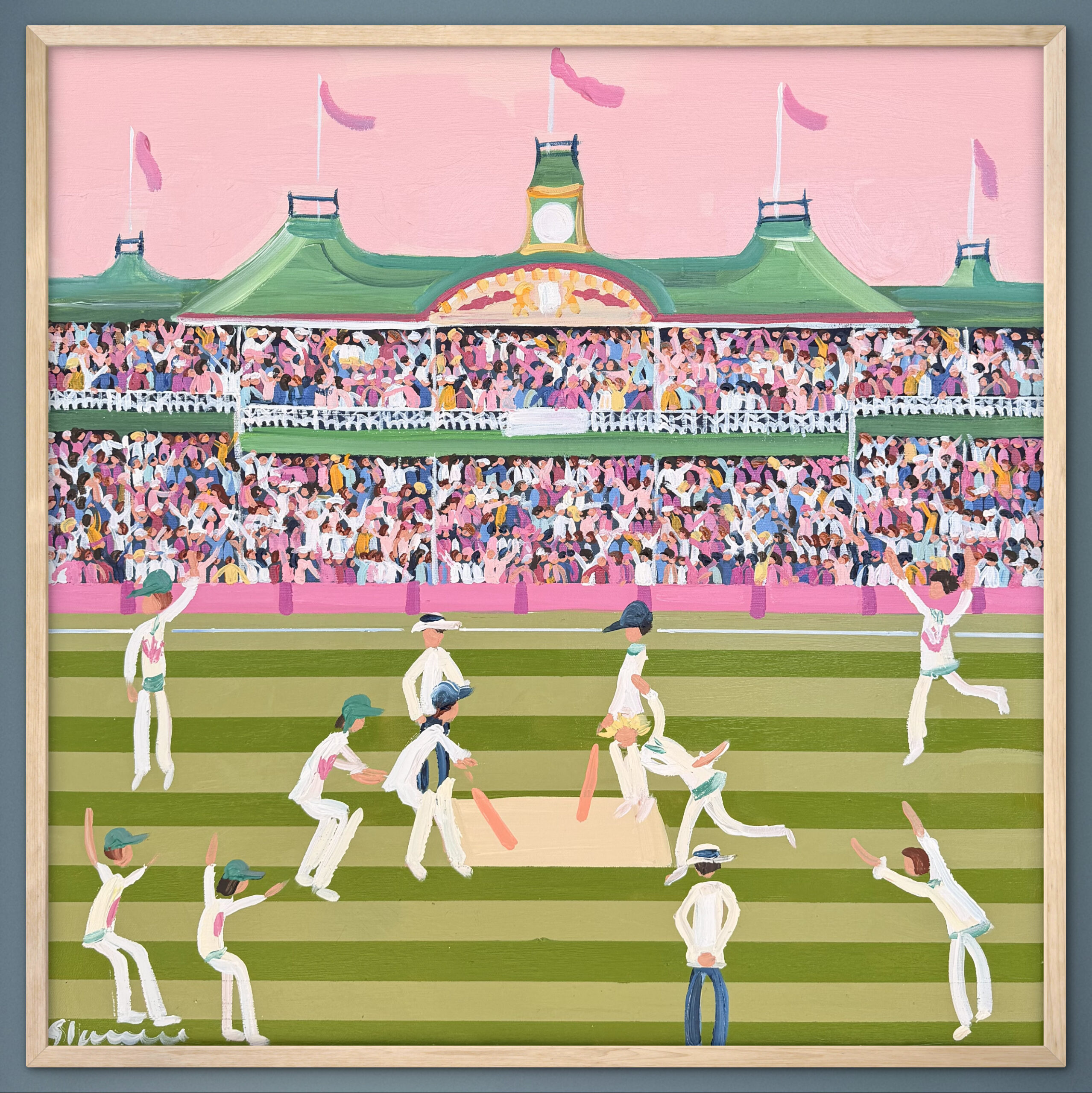 Pink Test 64x64 framed cricket scene