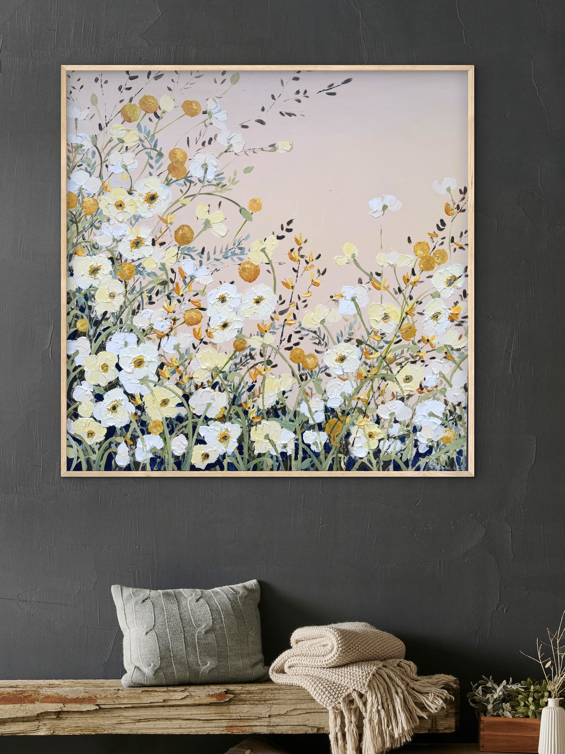 Poppies and Billy Buttons 106x106 framed large textured abstract flora - Image 5