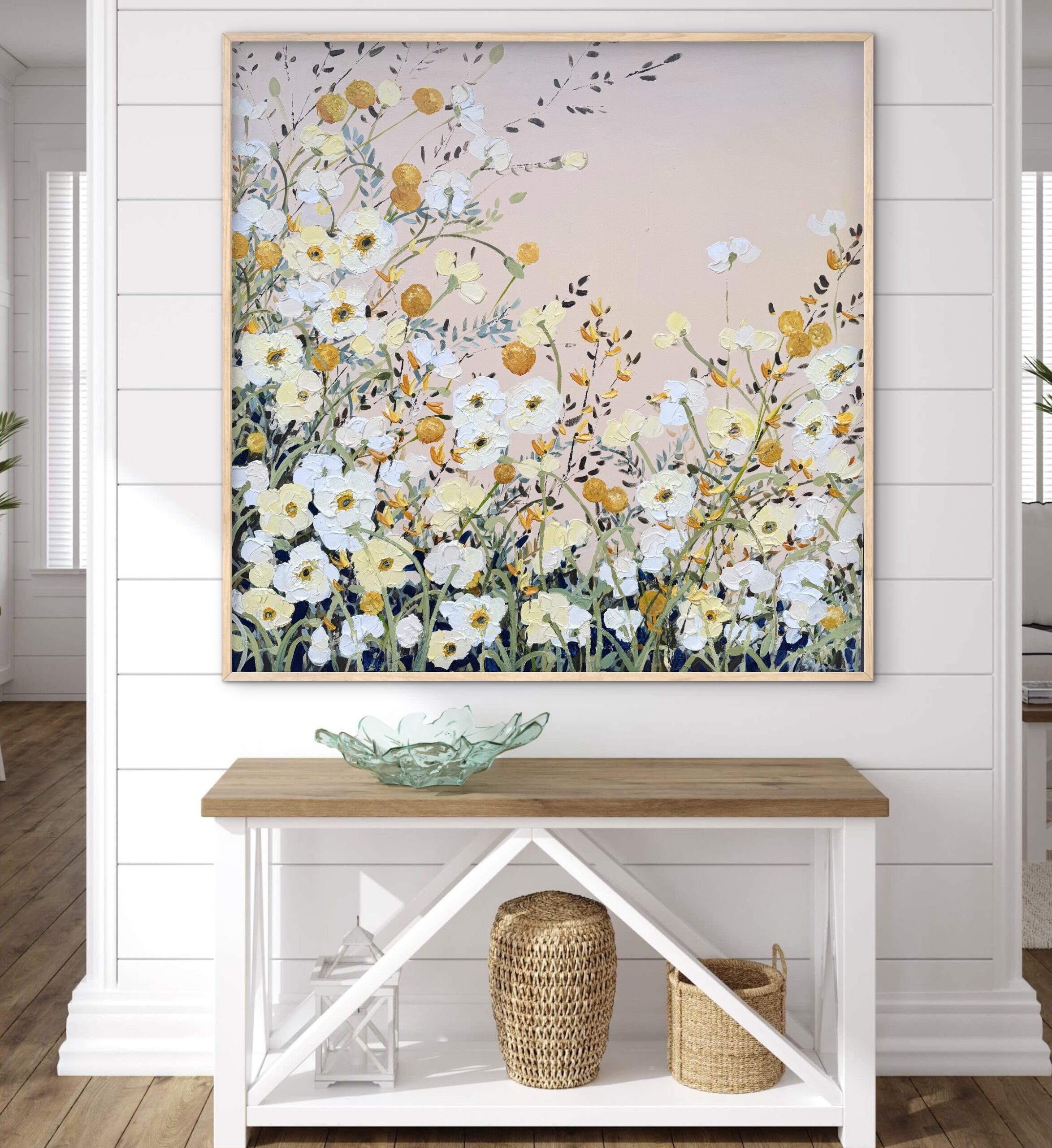 Poppies and Billy Buttons 106x106 framed large textured abstract flora
