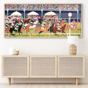 First Past the Post 157 x 67 cm framed horse racing scene