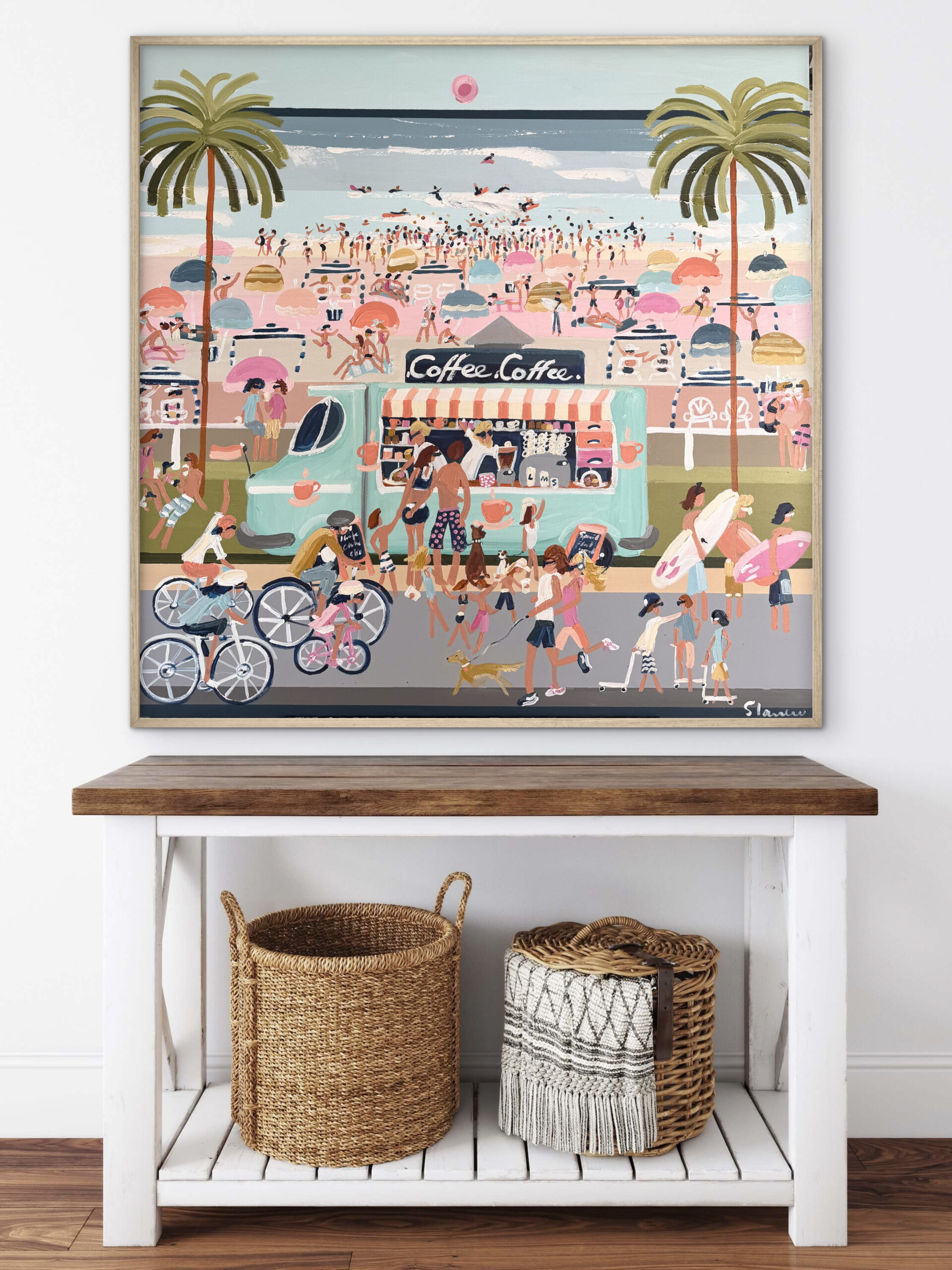 Beach Barista 106x106 framed beachscape