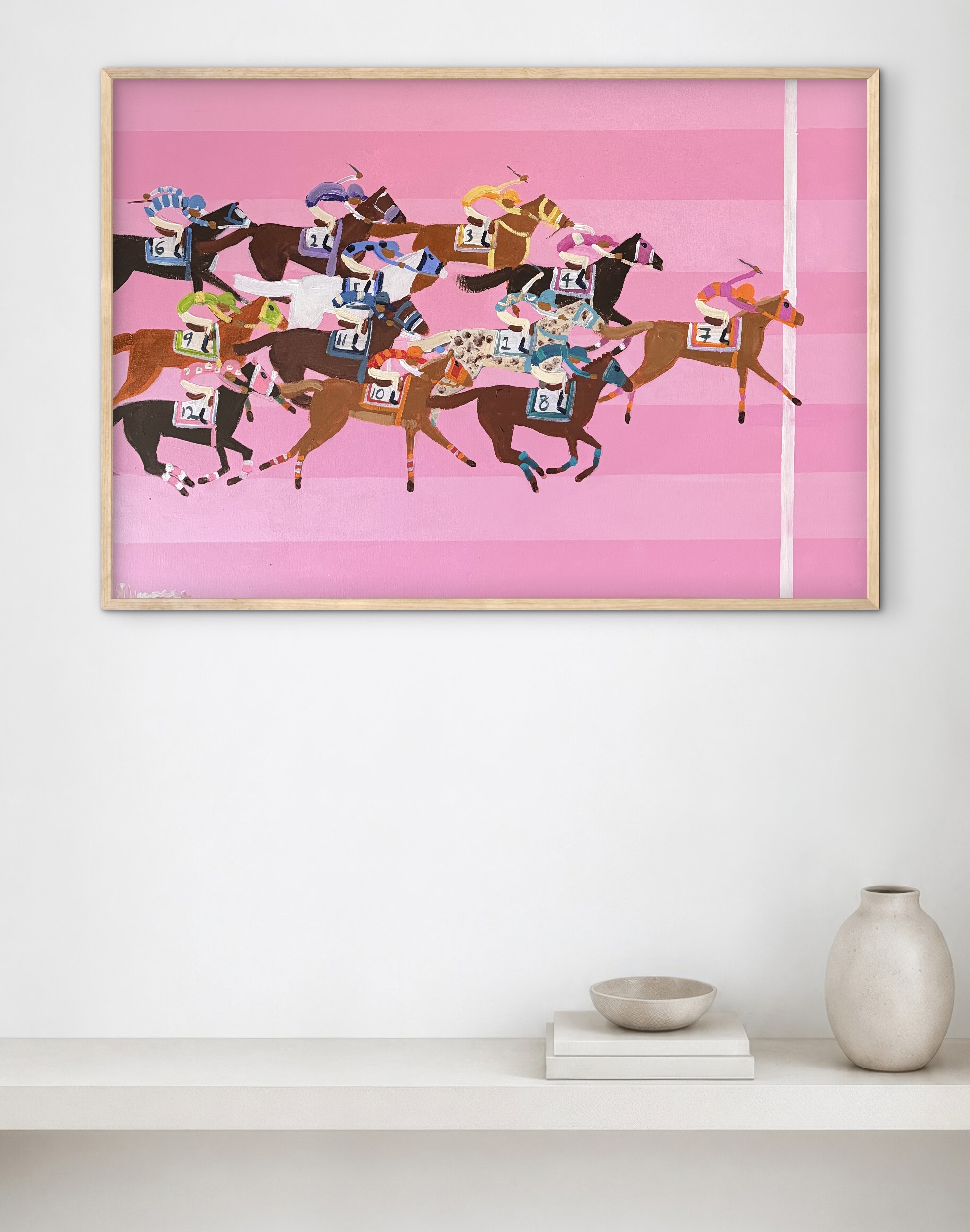 Racing horses on a pink background