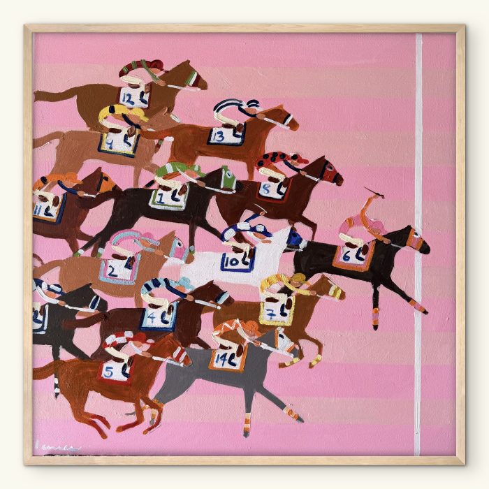 Small horse race artwork on a pink background