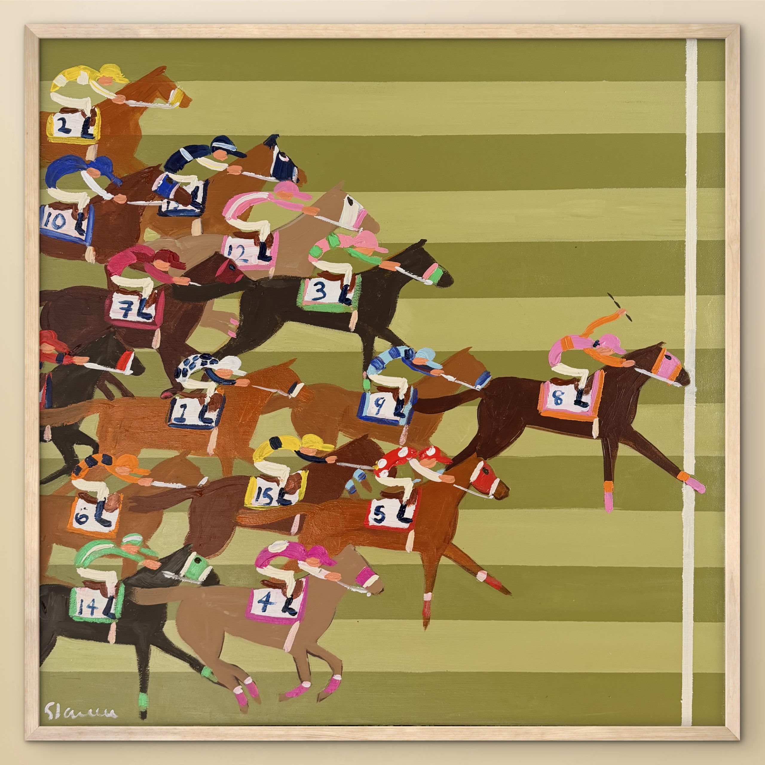 Horse racing on green background