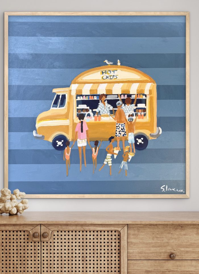 Yellow Chip Van on blue background