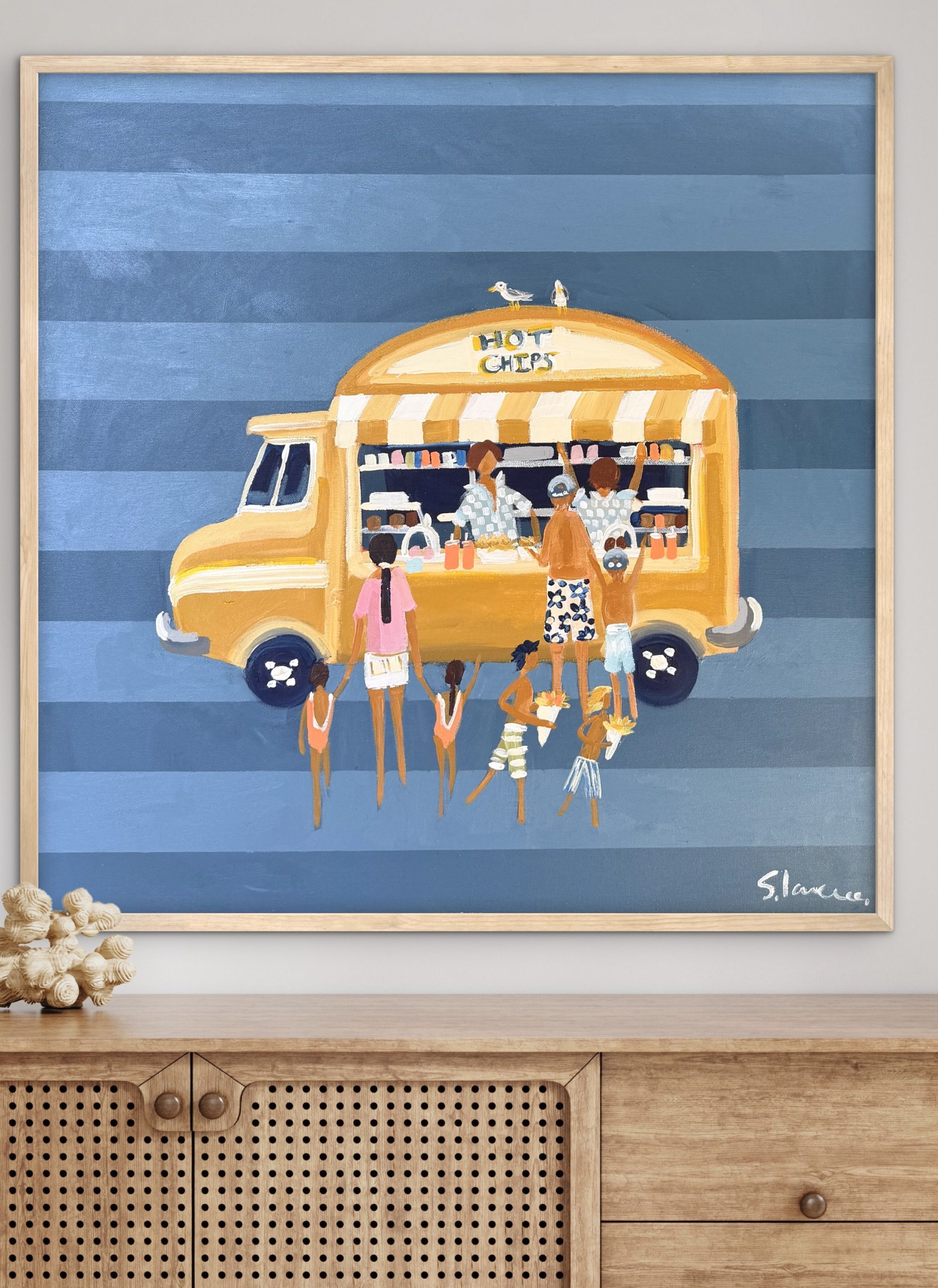 Yellow Chip Van on blue background