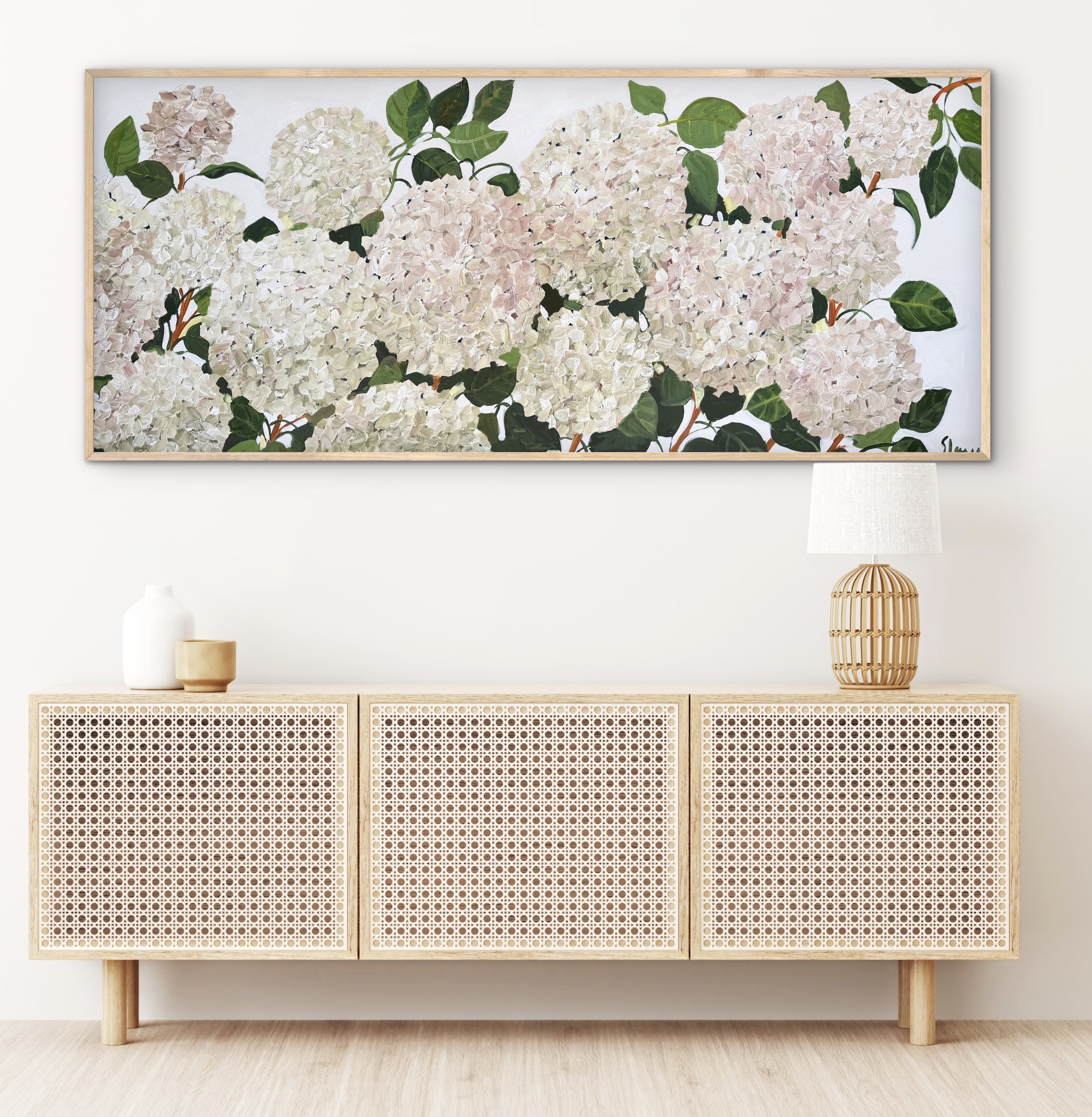 Coastal White Hydrangeas 157x67cm framed - Image 4