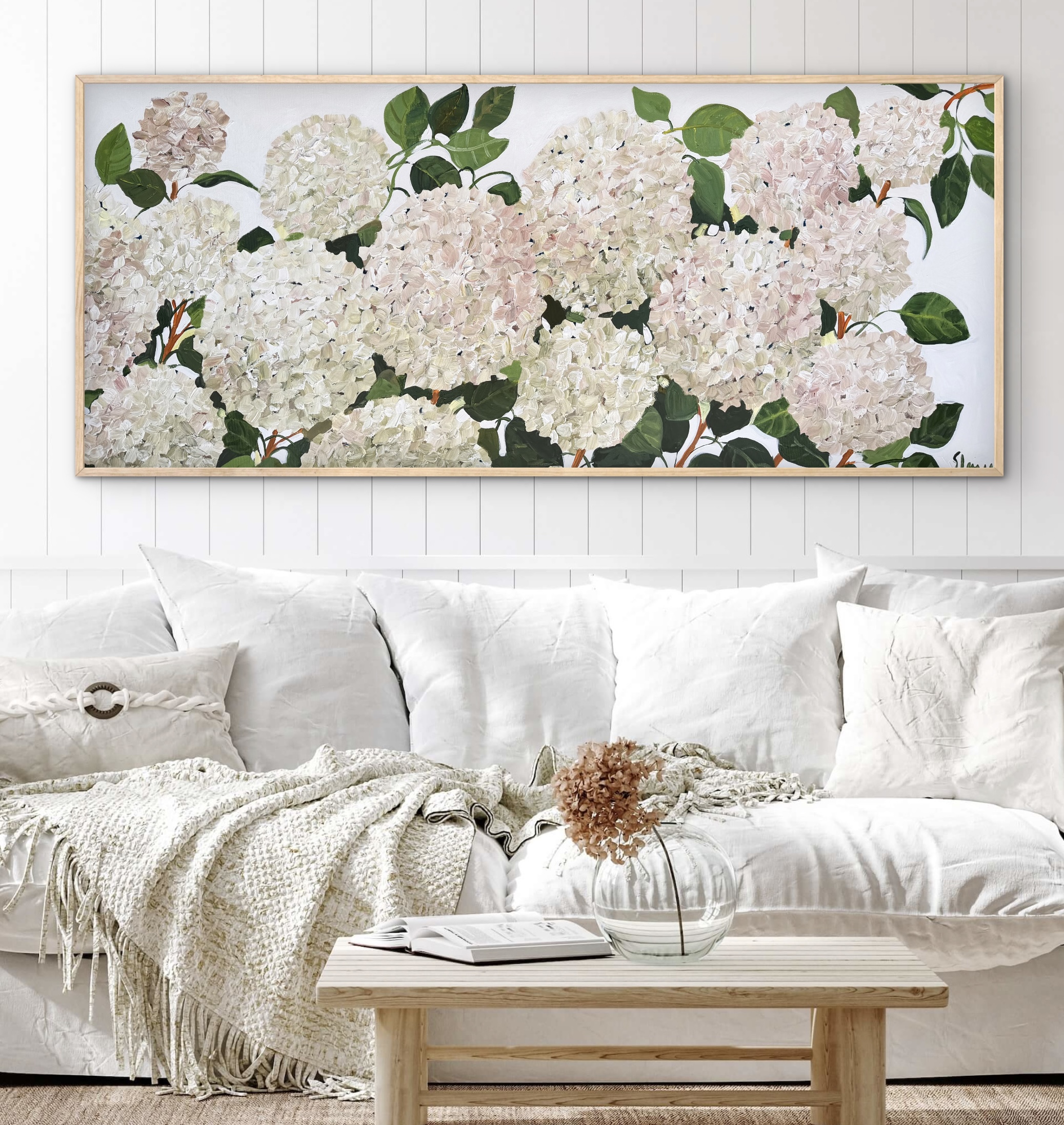 Coastal White Hydrangeas 157x67cm framed - Image 2