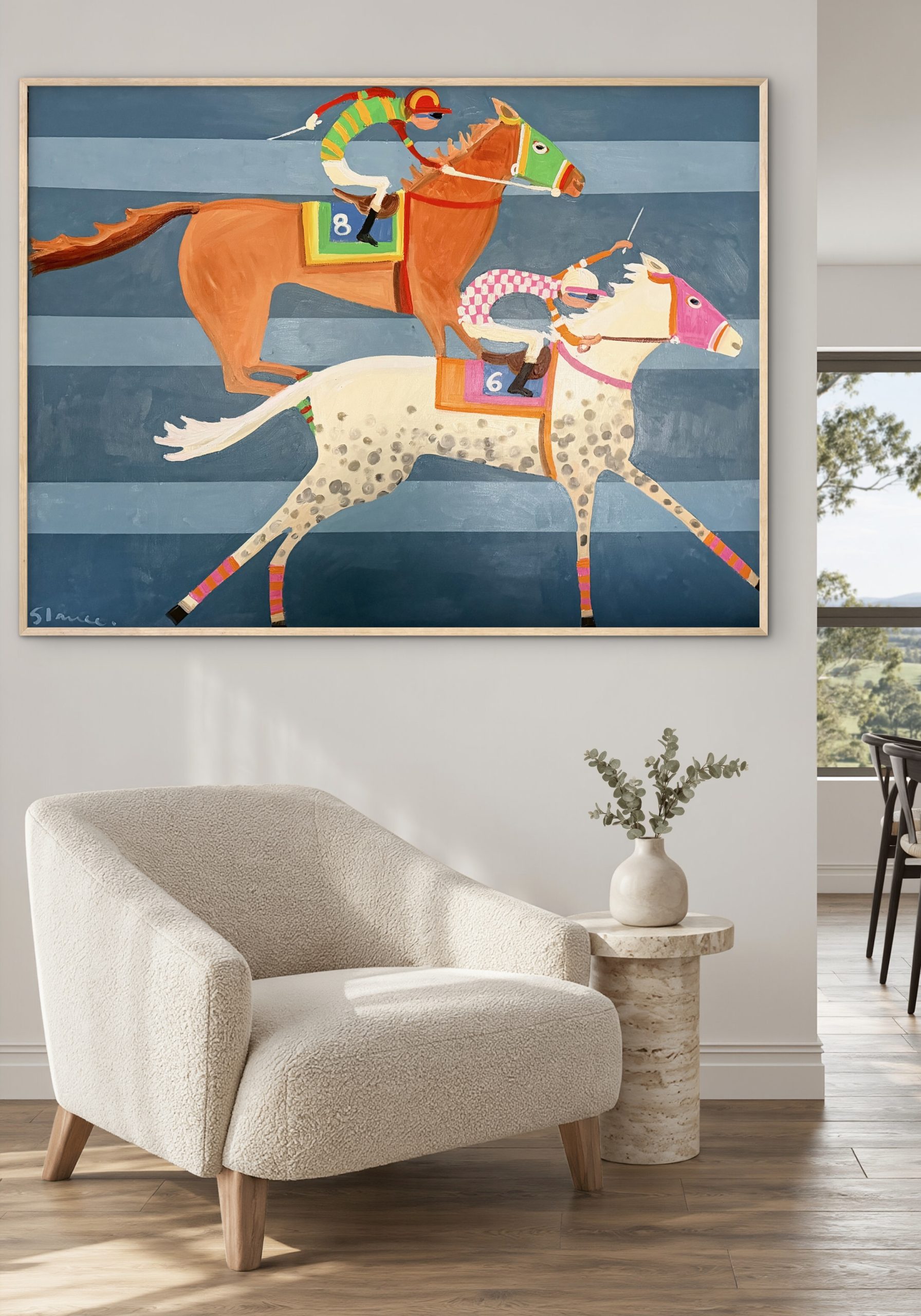 Two horses racing blue background