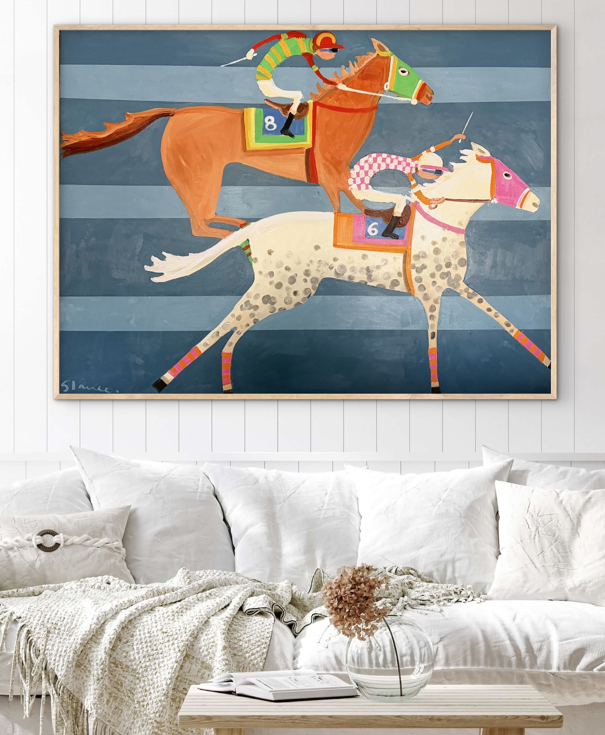 Two horses racing blue backgroiund