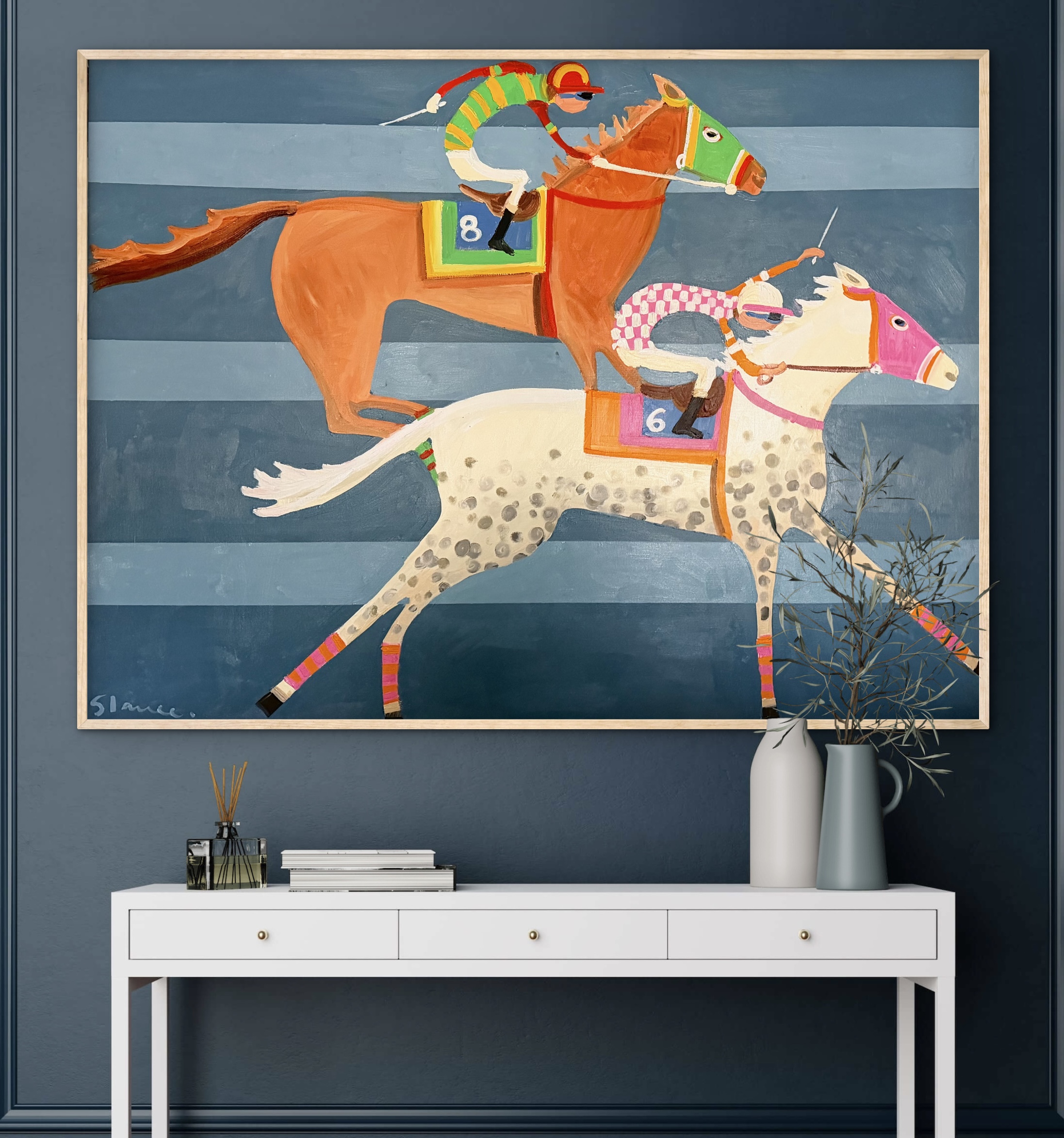 Two horses racing b lot backgrouind