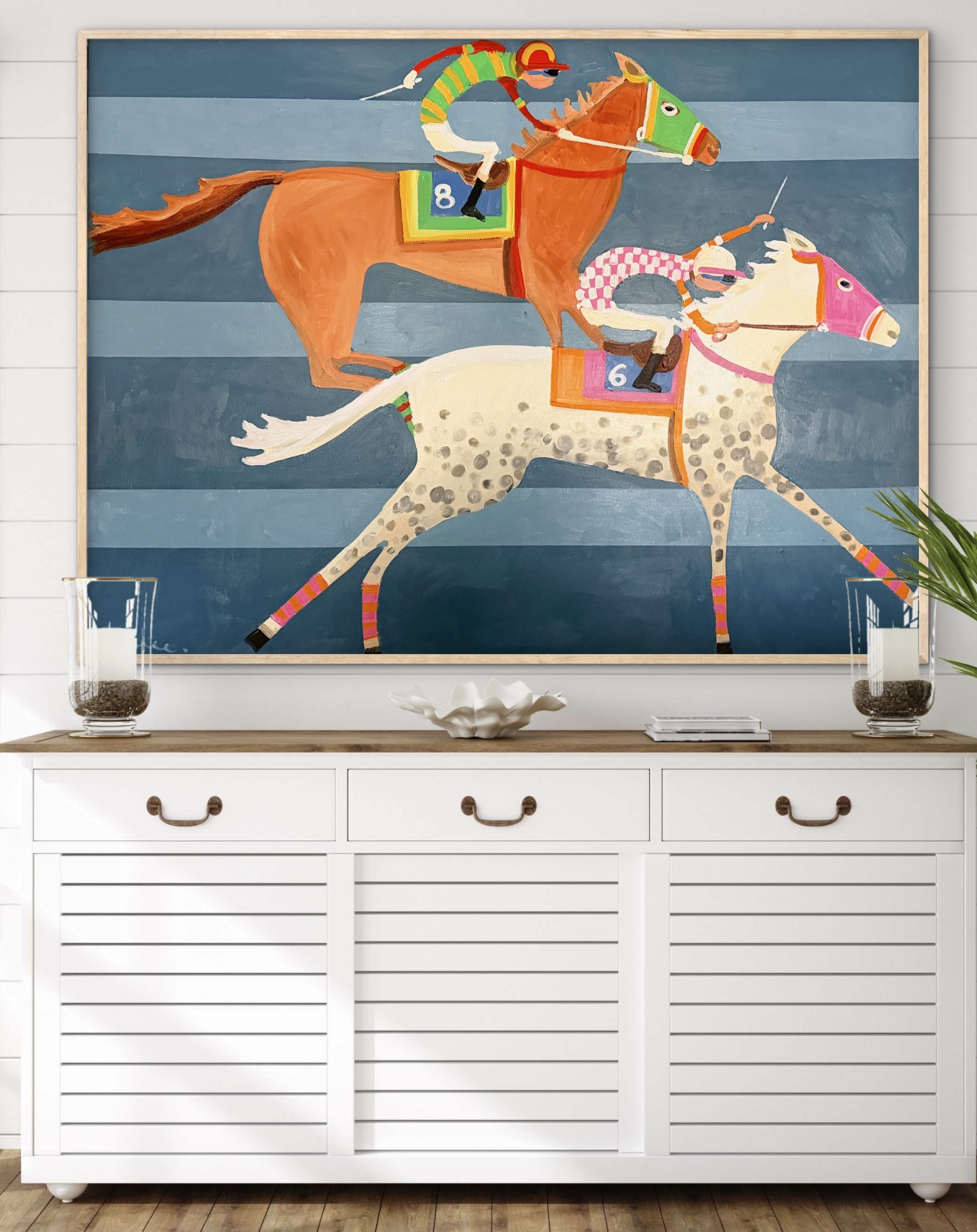 Two horses racing blue background