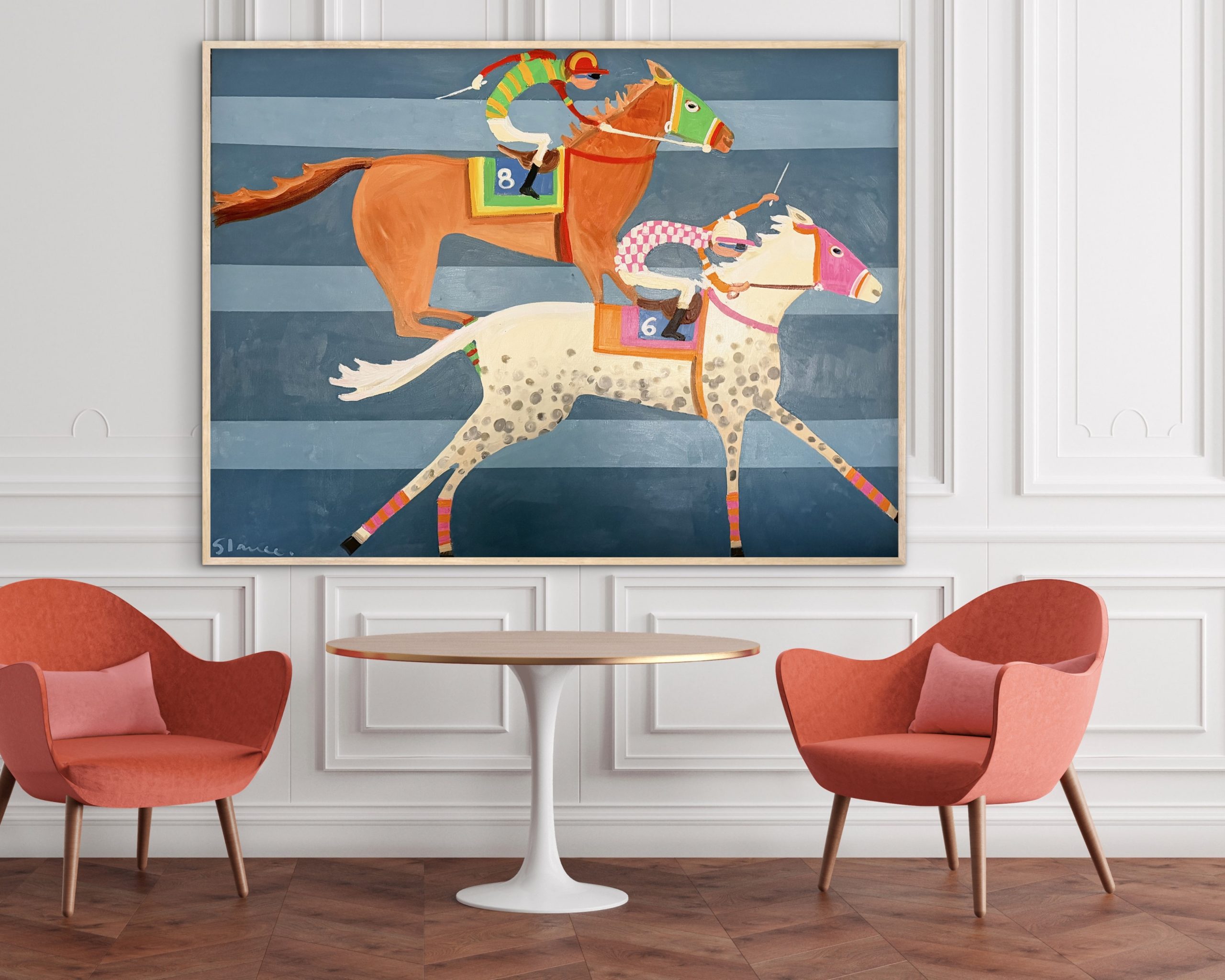 Two horses racing blue background